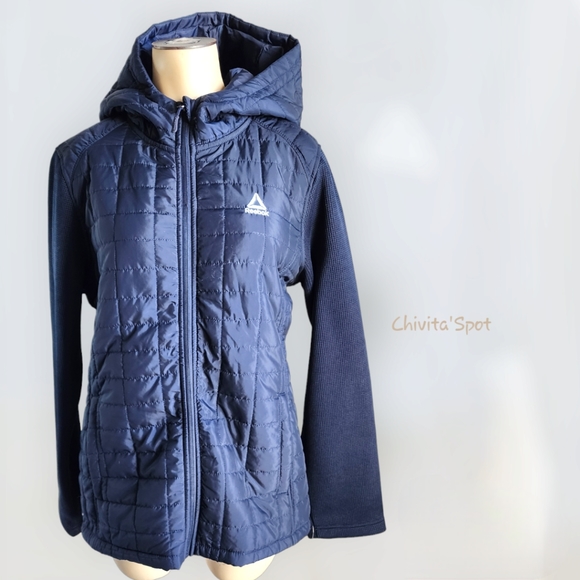 ๐๏ธ๐ท Reebok Poly Woven Quilted full zipped hooded Jacket - Navy Blue - Medium - Picture 15 of 16